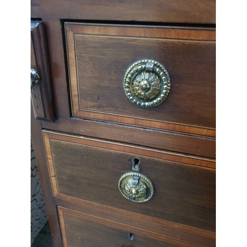 639 - A vintage 7 drawer inlaid mahogany fall front bureau desk with lower centre cupboard - one a/f handl... 