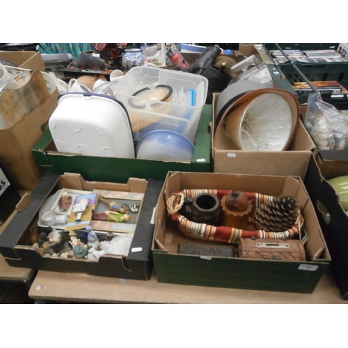 291 - Four boxes inc lampshades, crockery, ornaments, plastic tubs, etc