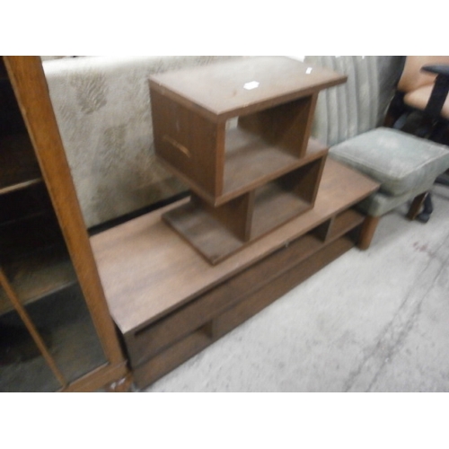 685 - A low wooden TV stand base unit and a matching open shelf stand