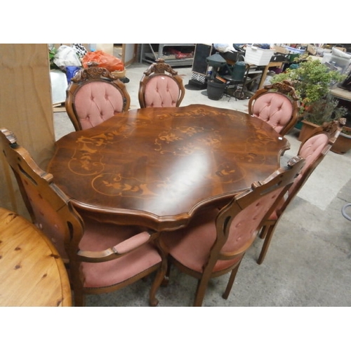 703 - A large Italian style inlaid pedestal dining table and 6 x chairs