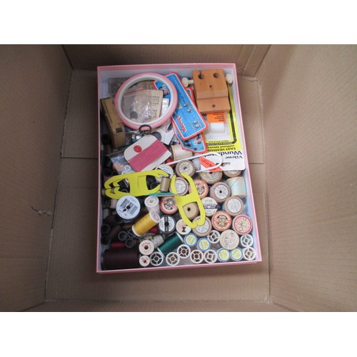 165 - Lot inc sewing and knitting accessories with box of mugs