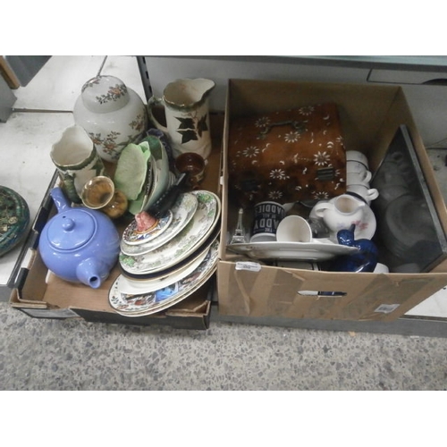 389 - Two boxes inc decorative plates, teapot, vases, ornaments, Hornsea cups and saucers, etc