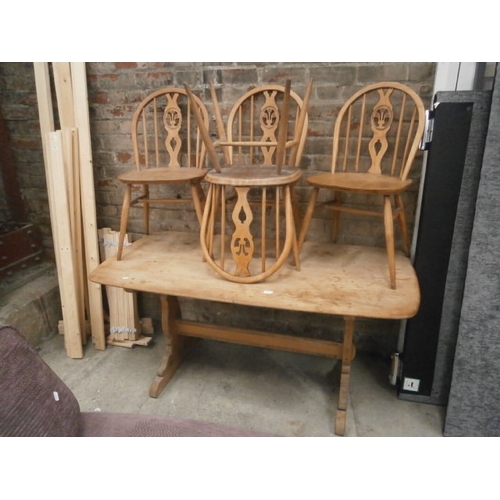 674 - A vintage ERCOL refectory dining table and 4 x Fleur de Lys chairs