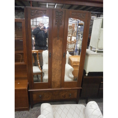 691 - An antique carved 2 door wardrobe with mirrored doors and burr walnut panels - no top