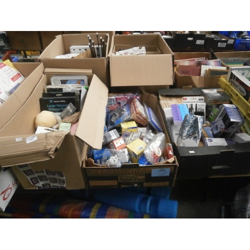 114 - Three boxes including new pillow cases, pill organisers, assorted light bulbs, bath bomb kit etc