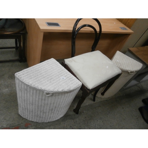 642 - 2 x vintage wicker linen baskets, a painted Bentwood chair and a stool