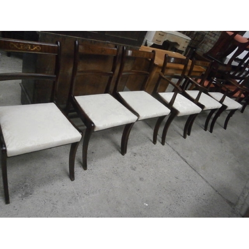 653 - A set of 6 x vintage mahogany sabre legged dining chairs with inlaid decoration