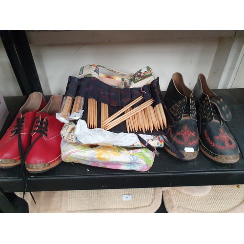 91 - Two pairs of wooden clogs chinese wooden knitting needles and two bags