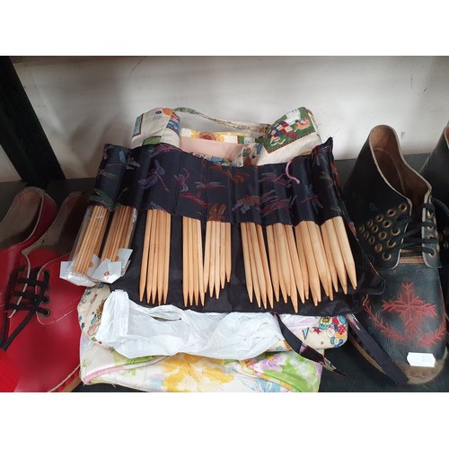 91 - Two pairs of wooden clogs chinese wooden knitting needles and two bags