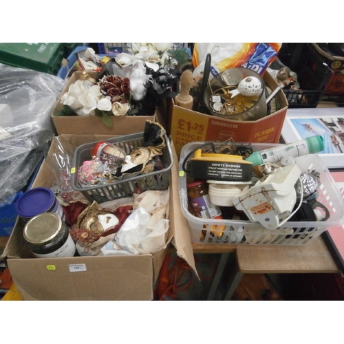 169 - Four boxes inc ornaments, food stuff, electric tin opener, extension reel, etc