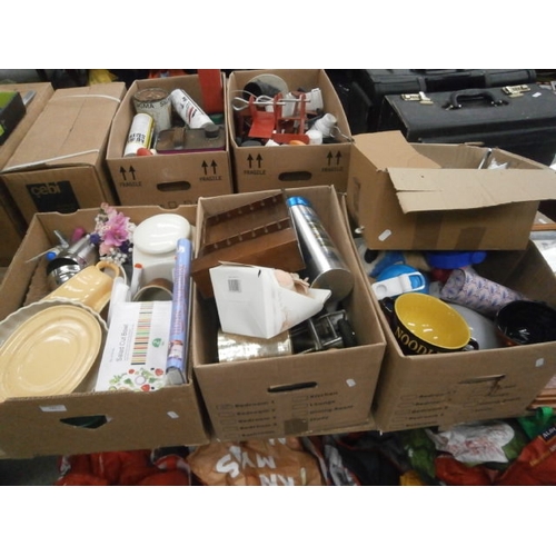 123 - Four boxes inc crockery, hardware, folding trolley, Cutlery, water bottles, etc