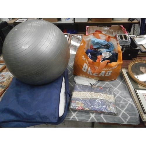 125 - Lot inc exercise ball, clothing, bedding, etc