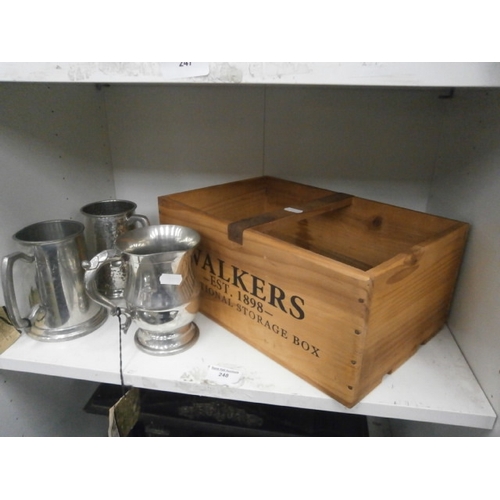 Lot inc Walkers wooden storage box and three assorted tankards