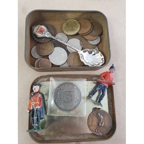102 - Tin of vintage coins  & 2 old lead figure