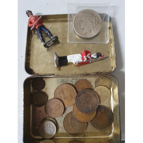 105 - Tin of vintage coins inc America dollar & 2 old lead figure