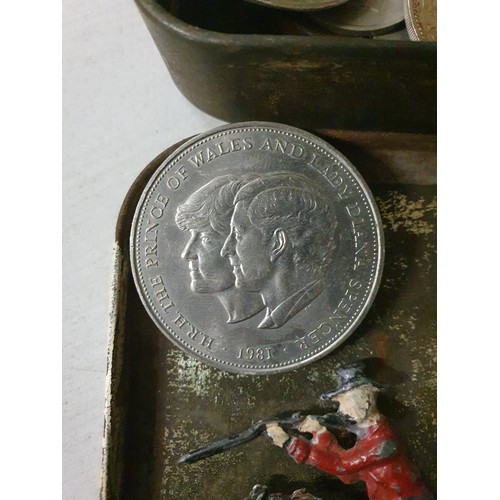 108 - Tin of old coins & old lead figure