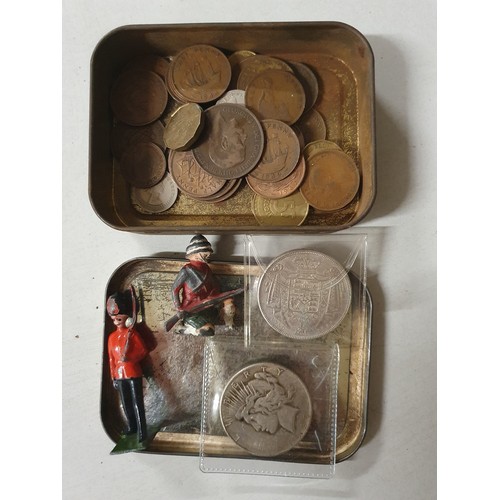 110 - Tin of vintage coins inc America dollar & old lead figures