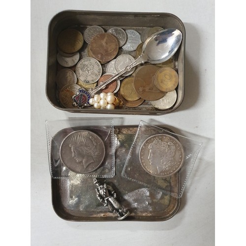 113 - Tin of vintage coins inc America dollar & old lead figure
