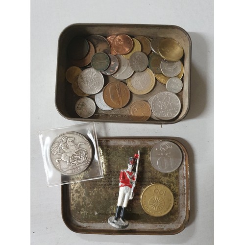 116 - Tin of vintage coins  & old lead figure