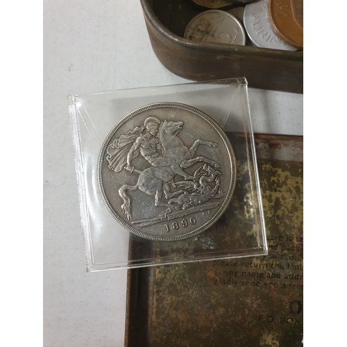 116 - Tin of vintage coins  & old lead figure
