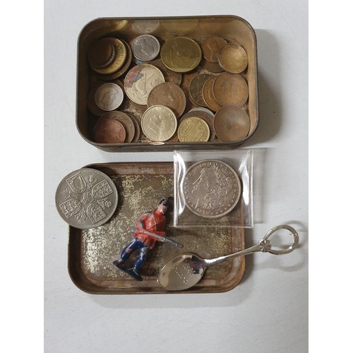 117 - Tin of vintage coins inc America dollar & old lead figure