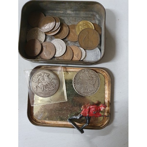 119 - Tin of vintage coins inc America dollar & old lead figure