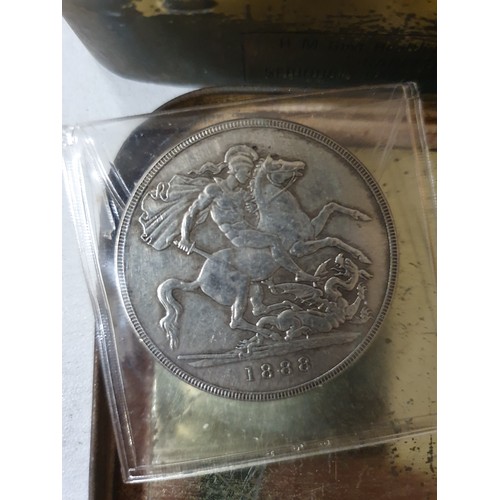 119 - Tin of vintage coins inc America dollar & old lead figure