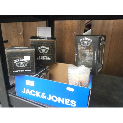 22 - Box of Jack Daniels merch inc Tumbler, coasters, mus and glass