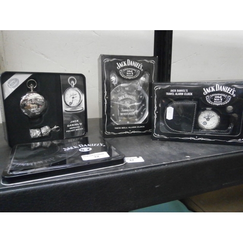 32 - Three Jack Daniels items inc Travel alarm clock, Twin bell alarm clock and pocket watch