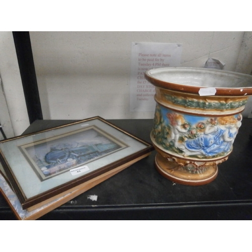 45 - Lot inc two train pictures and Italian vase