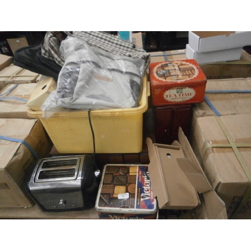 93 - Lot inc toaster, old tins, bags, etc