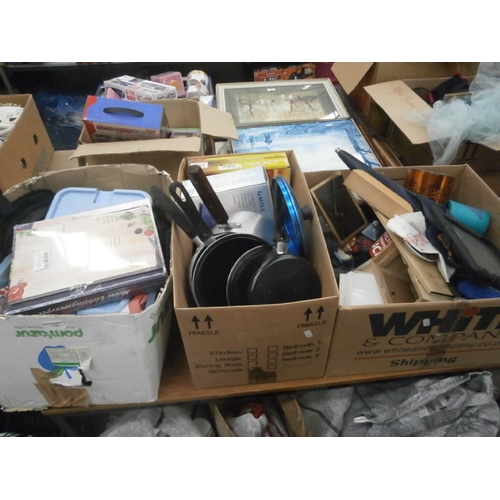 116 - Three boxes inc pans, freeview box, stoneware pot, folder, picture frames, etc