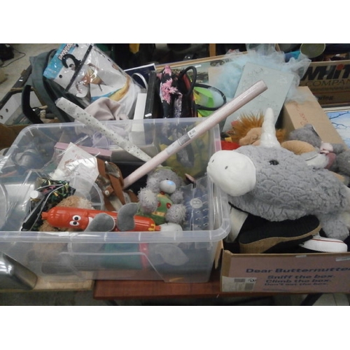 133 - Four boxes inc soft toys, bags, gloves, clothing, jewellery stands, etc