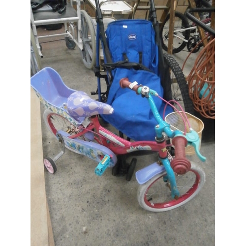 190 - Lot inc Trolls bike, bicycle tyre, Chicco buggy