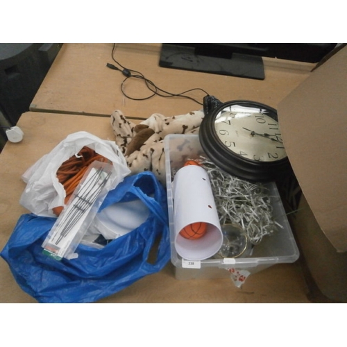 238 - Lot inc string lights, clock, plastic crockery, extension cable, etc