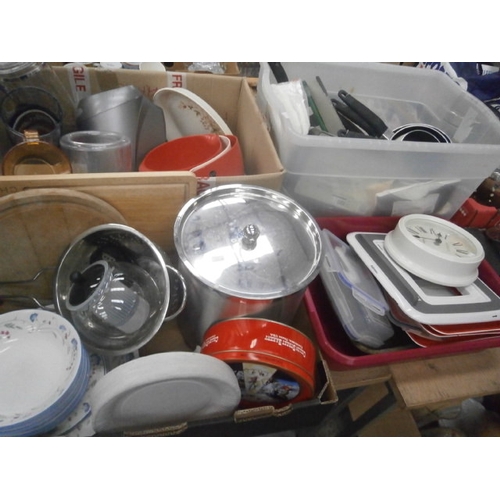 182 - Four boxes inc pans, clock, bread bin, Royal Doulton crockery, etc