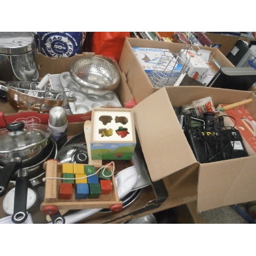 183 - Four boxes inc pans, camcorder, heating pad, Senses super roller circuit, bin, etc