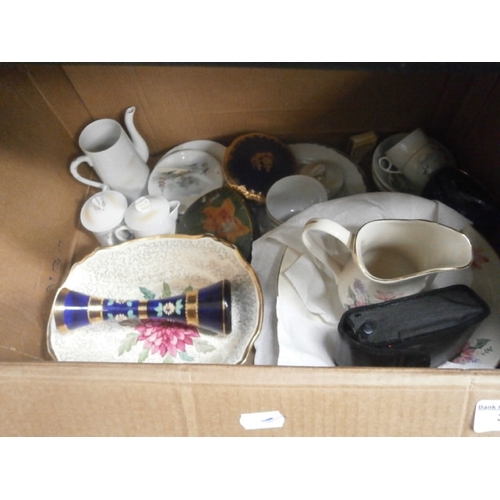 319 - Box inc glass vase, jug and bowl set, Japanese tea ware, etc