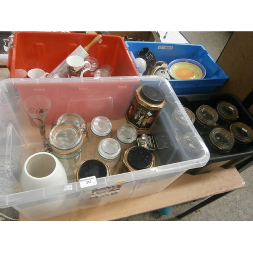 257 - Four boxes inc glass storage jars, crockery, mugs, etc