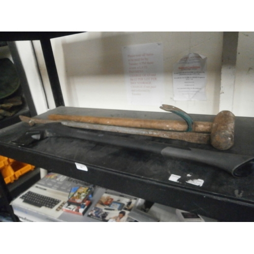 58 - Lot inc long arm axe, sledgehammer, crow bars