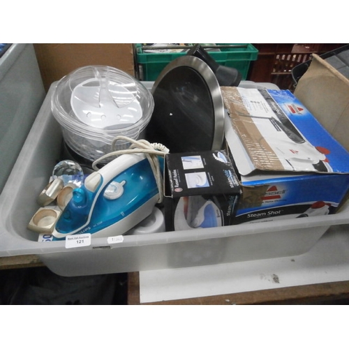 121 - Box inc Bissell steam cleaner, steam cooker, irons, light, etc