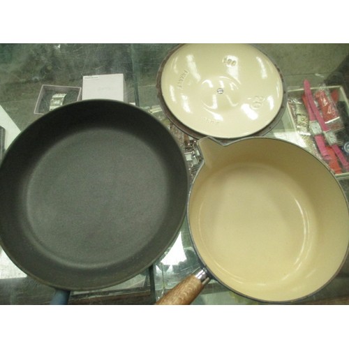 299 - Set of three Le Creuset lidded pans and matching frying pan. Very clean insides