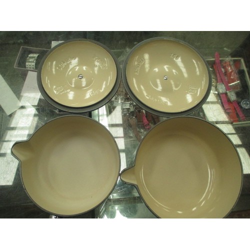 299 - Set of three Le Creuset lidded pans and matching frying pan. Very clean insides