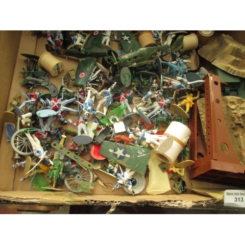 313 - Box of old toy vehicles and figurines