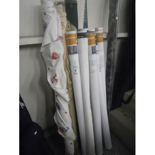 108 - Lot inc three rolls of fabric and wall murals