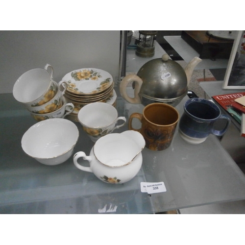 358 - 17 piece Royal vale bone china set, stoneware cups and old teapot