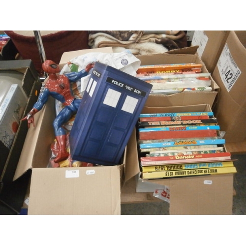 191 - Three boxes inc comic books and toys