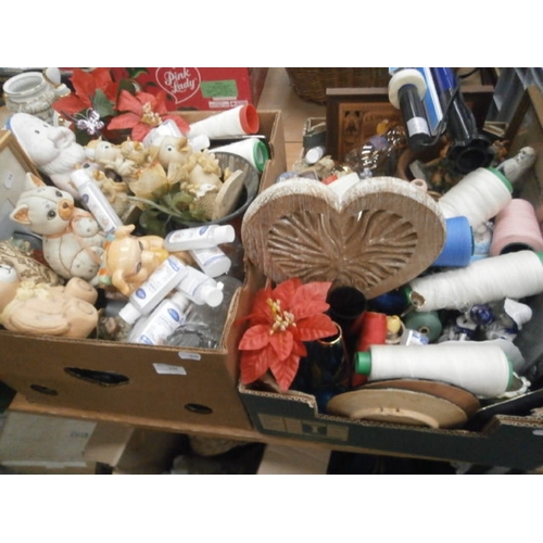 236 - Two boxes inc ornaments, thread, glass vases, etc