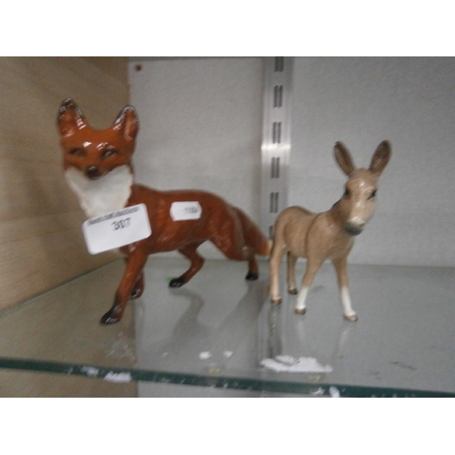 307 - Beswick fox and Beswick donkey, donkey has repair to ear