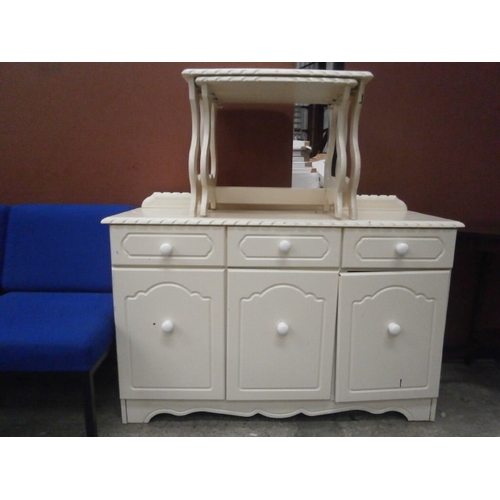 604 - A vintage painted 3 drawer sideboard and 2 x matching occasional tables